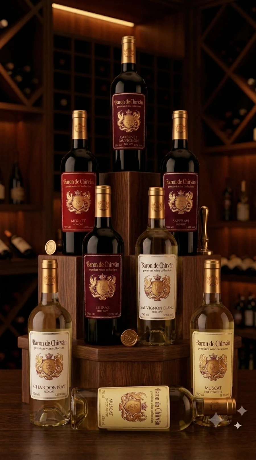 The full Barón de Chirvân collection displayed on an oak stand