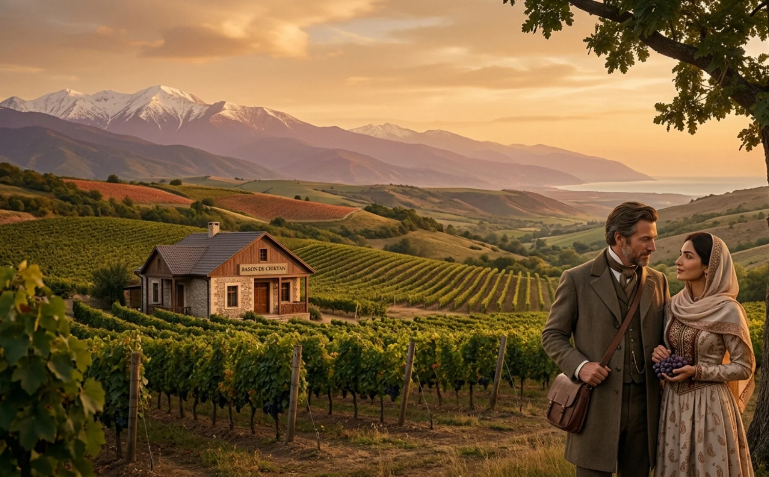 A couple standing among the vineyards of Chirvân at sunset